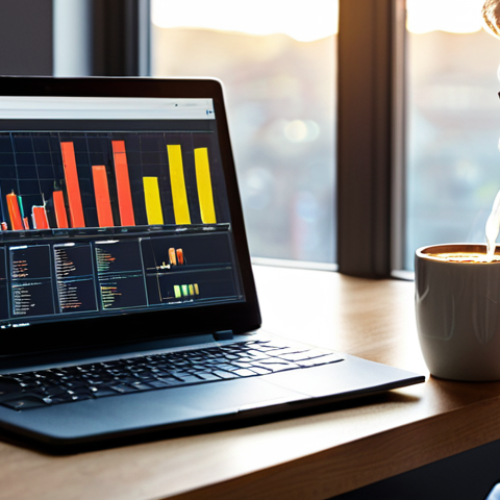 Home 15 A male data scientist sitting at a modern desk bathed in soft morning light, sipping from a mug of strong coffee. His laptop screen displays intricate, colorful data visualizations, live code snippets, and a news feed highlighting the latest AI/ML trends. On the side, a tablet shows a structured task board. The overall atmosphere is one of calm focus and strategic planning, reflecting the start of a productive day.