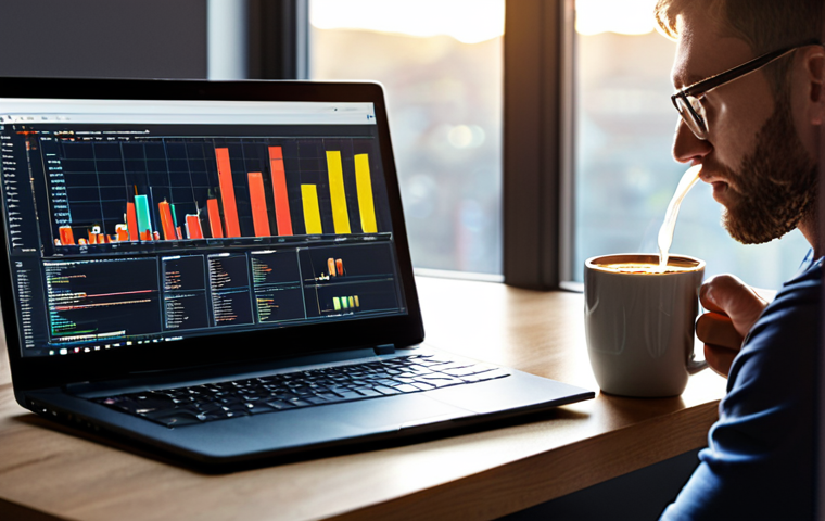 A male data scientist sitting at a modern desk bathed in soft morning light, sipping from a mug of strong coffee. His laptop screen displays intricate, colorful data visualizations, live code snippets, and a news feed highlighting the latest AI/ML trends. On the side, a tablet shows a structured task board. The overall atmosphere is one of calm focus and strategic planning, reflecting the start of a productive day.