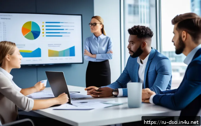 데이터과학자로서 리더십 키우기 - A professional Data Science team leader in a modern office setting, calmly managing a diverse group ...