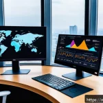 Home 18 데이터과학 프로젝트에서 데이터 크롤링 - A modern data analyst workspace showcasing a large curved monitor displaying colorful, interactive d...