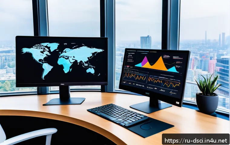 데이터과학 프로젝트에서 데이터 크롤링 - A modern data analyst workspace showcasing a large curved monitor displaying colorful, interactive d...